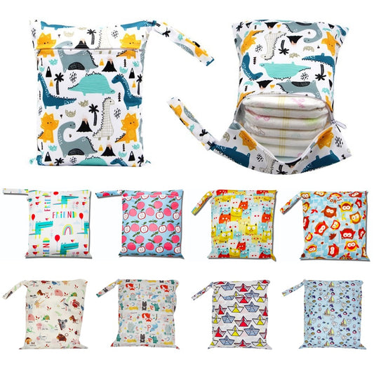 Baby Diaper Bag Cartoon Print Waterproof Wet Dry Nappy Zipper Handbag Stroller Carry Pack Travel Outdoor Wet Diaper Storage Bags
